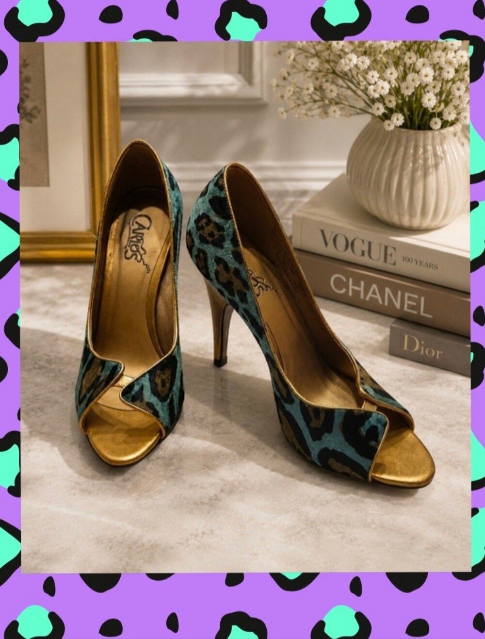 CARLOS by Carlos Santana Teal Leopard & Gold Peep-Toe Pumps